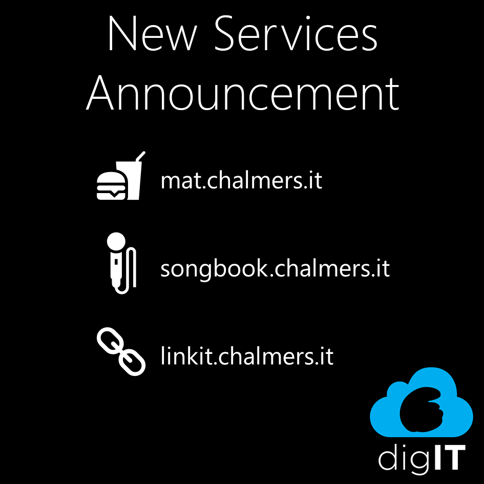 Poster image with text: New Services Announcement mat.chalmers.it songbook.chalmers.it linkit.chalmers.it